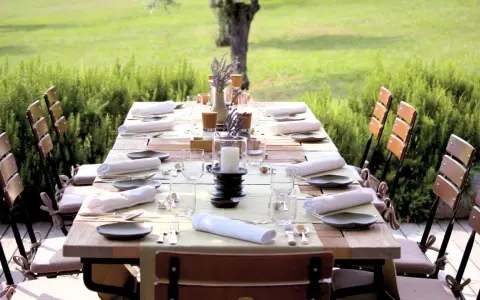 Table dressée pour un repas en plein air, entourée de verdure. Les vignes et son jardin offrent un cadre idyllique pour cette belle table.