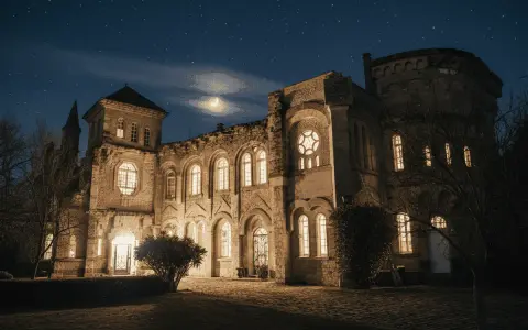 Un château illuminé sous un ciel étoilé et une lune croissante. Les fenêtres brillent, invitant à découvrir les mystères des nuits du château.