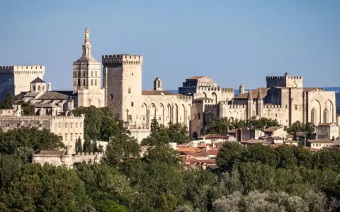 Vue panoramique de la cité des papes, avec le Palais des Papes imposant et ses tours crénelées, baignée de soleil.