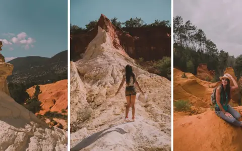 Trois femmes profitent du sentier des ocres, un paysage coloré rappelant le Colorado provençal, avec ses formations rocheuses aux teintes ocre et rouge.