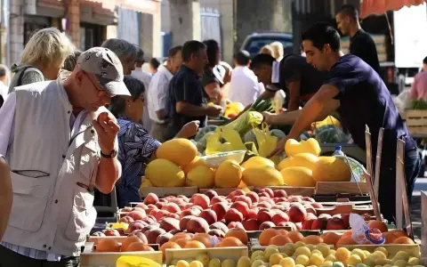 Ambiance animée au marché de Pernes-les-Fontaines. Des étals débordent de fruits colorés, pêches, melons, et agrumes. Des clients choisissent leurs produits.