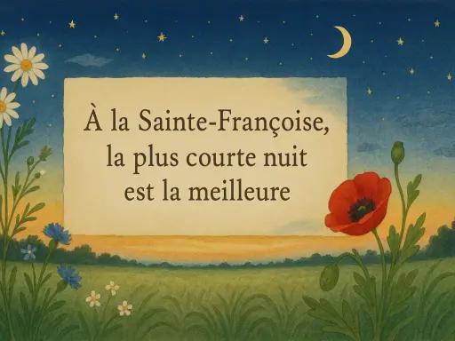 Un proverbe provençal illustré : "À la Sainte-Françoise, la plus courte nuit est la meilleure". Fleurs et ciel étoilé.