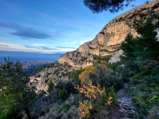 Vue panoramique des gorges de Badarel, avec un sentier rocailleux serpentant à travers la végétation méditerranéenne et une falaise imposante baignée de soleil.