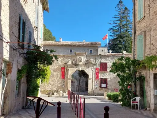 L'entrée majestueuse du **château de Thézan** s'ouvre sur une cour pavée, ornée de drapeaux rouges et d'une végétation luxuriante.
