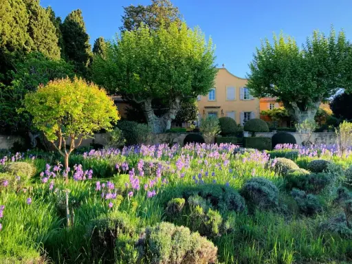Un magnifique jardin en Provence, avec un champ d'iris violets devant un pavillon de galon jaune.