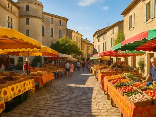 Gordes marché animé, étals colorés de fruits et légumes sous le soleil provençal.