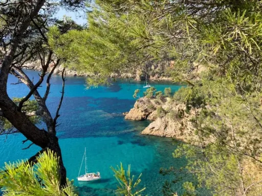 Vue sur la côte rocheuse et la mer turquoise de Bandol, avec des voiliers. Idéal pour savoir que faire à Bandol.