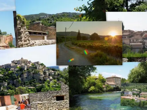 Collage de villages provençaux, dont un aperçu de **Cabrières d'Avignon** avec ses maisons en pierre et ses ruelles pittoresques.