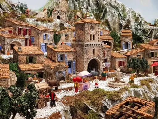 Une **crèche provençale** animée avec des santons, des maisons en pierre, un âne, un chariot et une fontaine, le tout dans un paysage rocheux.