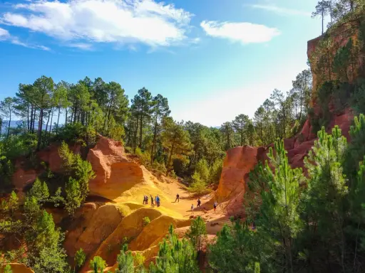 Des randonneurs explorent le sentier des ocres, un paysage spectaculaire aux falaises rouges et jaunes, bordé de pins verts sous un ciel bleu.
