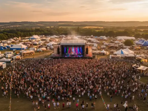 Scène de concert animée lors du festival Monteux, avec une foule immense sous un ciel doré.