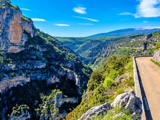 Vue panoramique des gorges de la Nesque, une route sinueuse longeant des falaises abruptes et une végétation luxuriante. Parfait pour une randonnée mémorable.