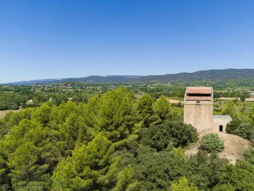 Vue panoramique sur la campagne provençale avec le moulin de Puyvert, entouré de pins et de verdure, sous un ciel bleu éclatant.