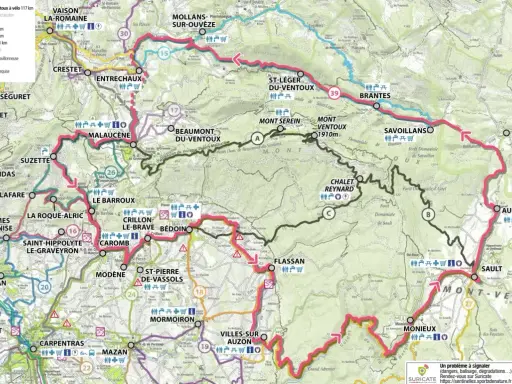 Carte du tour du Mont Ventoux à vélo, avec les villages, routes et dénivelés.
