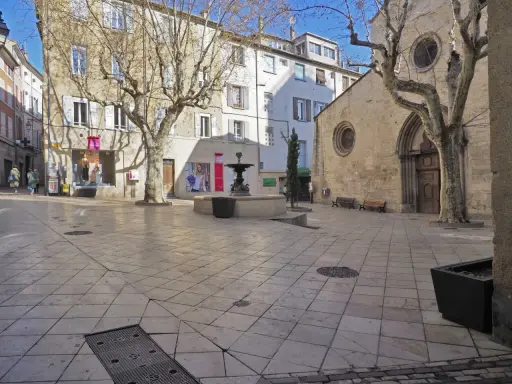 Place de l'église Saint-Sauveur à Manosque, avec sa fontaine et ses platanes dénudés.