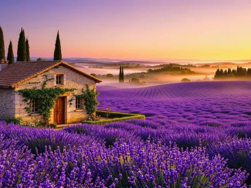 Maison de pierre au milieu d'un champ de floraison lavande, au coucher du soleil. Paysage de Provence.