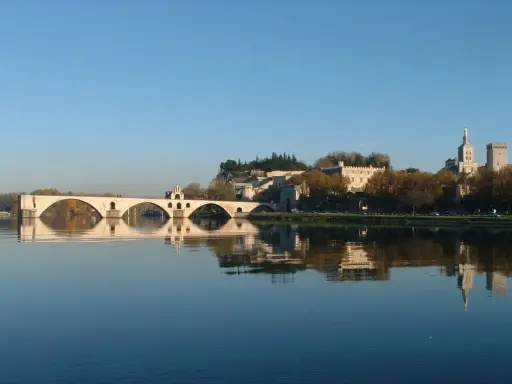 Le pont d'Avignon se reflète dans le Rhône, avec le Palais des Papes et l'île de la Barthelasse en arrière-plan.