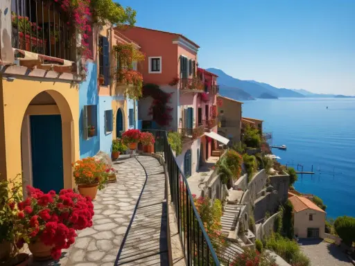 Un chemin pavé serpente entre des maisons colorées fleuries, dominant la mer bleue. Un aperçu des plus beaux villages autour de Cassis.