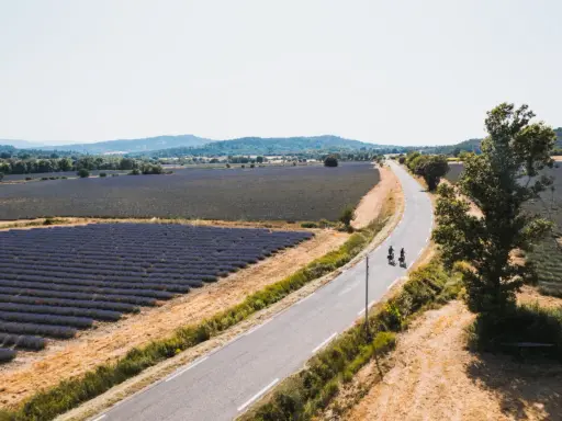 Deux cyclistes profitent des ocres et des champs de lavande en Provence.