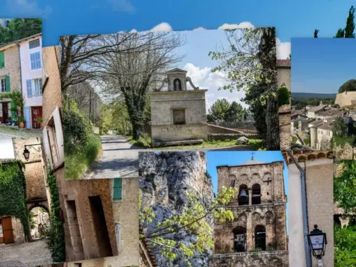 Collage de vues pittoresques de Mirabeau, ville provençale avec ses ruelles, son clocher et ses maisons de pierre.
