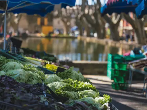 Légumes frais sur un étal du marché de Cucuron, avec un plan d'eau et des platanes en arrière-plan.