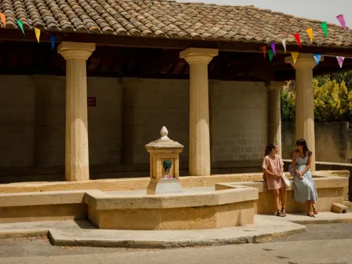 Deux femmes discutent près d'une fontaine sous un auvent orné de fanions colorés, ambiance de marché à Rochefort-du-Gard.