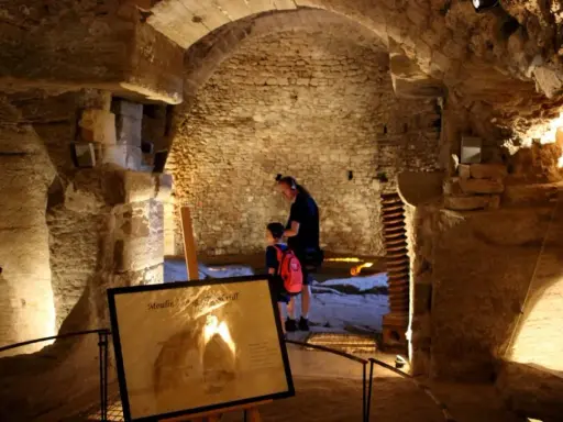 Un homme et un enfant explorent les caves du palais saint-firmin, un lieu historique aux voûtes de pierre.
