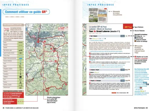 Carte touristique du Vaucluse : le GR® du Luberon, ses étapes, kilométrages et curiosités.