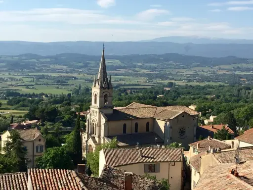 Vue panoramique sur Bonnieux, France, avec son église et ses toits de tuiles, dominant une vallée verdoyante.