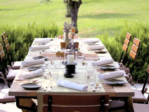 Table dressée pour un repas en plein air, entourée de verdure. Les vignes et son jardin offrent un cadre idyllique pour cette belle table.