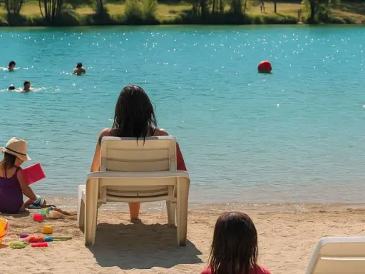 Journée baignade à L'Isle-sur-la-Sorgue. Des enfants jouent dans l'eau turquoise, d'autres sur le sable. Une mère surveille, profitant du soleil.