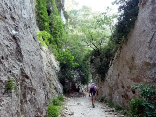 Un randonneur explore les **gorges du Régalon**, un sentier rocailleux bordé de falaises abruptes et de végétation luxuriante.