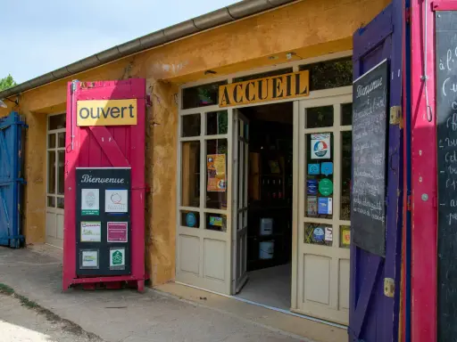 L'entrée colorée du musée des ocres, avec un panneau "Ouvert" et des affiches "Bienvenue".