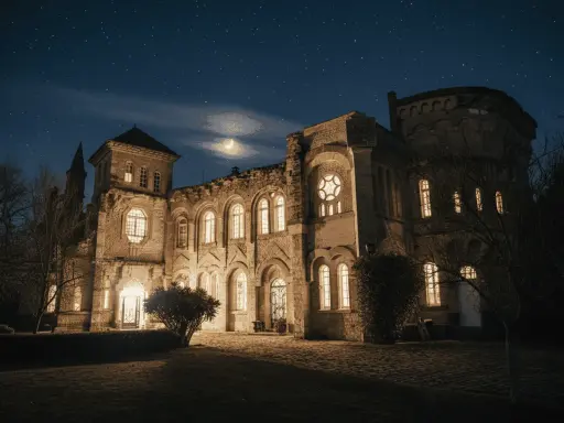 Un château illuminé sous un ciel étoilé et une lune croissante. Les fenêtres brillent, invitant à découvrir les mystères des nuits du château.
