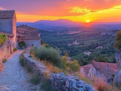 Coucher de soleil sur un village perché de Saignon, France. La lumière dorée baigne les maisons de pierre et la vallée verdoyante.
