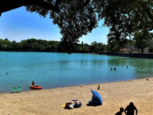 Baignade et détente sur la plage du lac de Bonnieux, sous le feuillage d'un grand arbre. L'eau turquoise invite à la baignade.