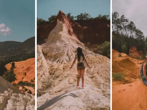 Trois femmes profitent du sentier des ocres, un paysage coloré rappelant le Colorado provençal, avec ses formations rocheuses aux teintes ocre et rouge.