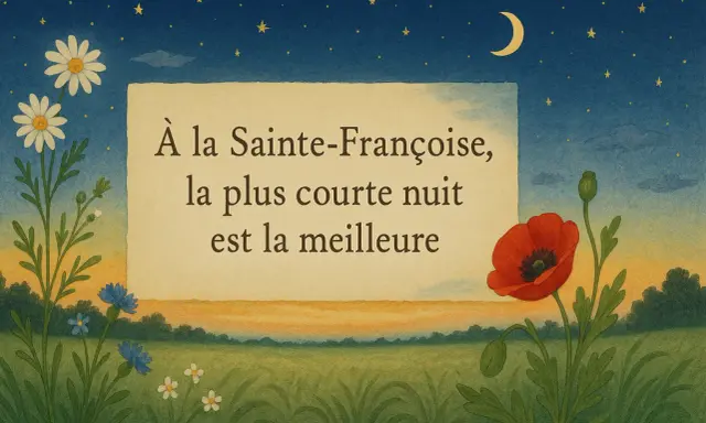 Un proverbe provençal illustré : "À la Sainte-Françoise, la plus courte nuit est la meilleure". Fleurs et ciel étoilé.