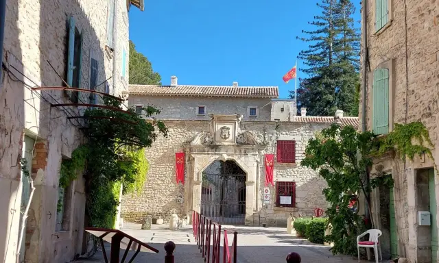 L'entrée majestueuse du **château de Thézan** s'ouvre sur une cour pavée, ornée de drapeaux rouges et d'une végétation luxuriante.