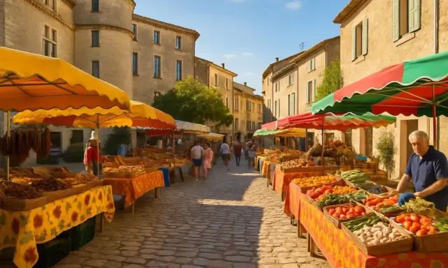 Gordes marché animé, étals colorés de fruits et légumes sous le soleil provençal.