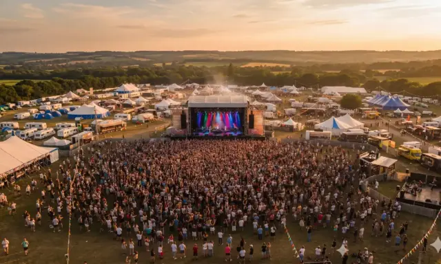 Scène de concert animée lors du festival Monteux, avec une foule immense sous un ciel doré.