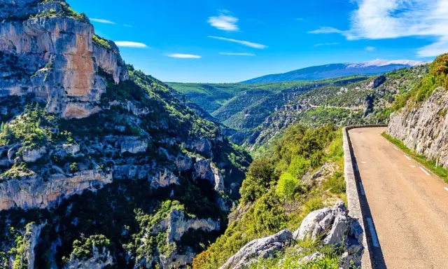 Vue panoramique des gorges de la Nesque, une route sinueuse longeant des falaises abruptes et une végétation luxuriante. Parfait pour une randonnée mémorable.