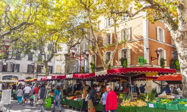 Ambiance animée au marché de Manosque, sous les platanes aux feuilles d'automne. Étals colorés de fruits et légumes frais, passants flânant.