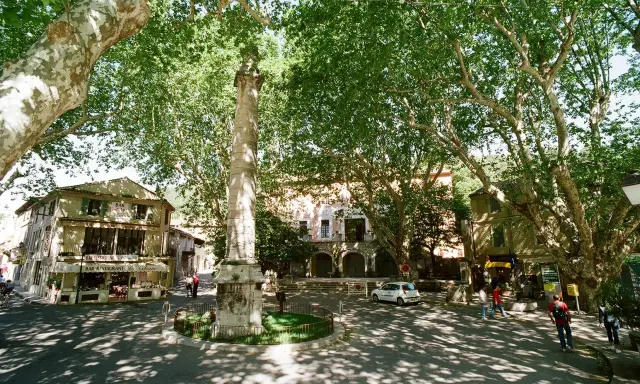 La colonne fontaine de Vaucluse, un monument imposant, se dresse au centre d'une place ombragée par de grands arbres. Des bâtiments anciens bordent la place, dont un bar-restaurant.