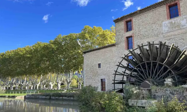 Vieux moulin en pierre avec sa roue à aubes, bordé par une rivière et une allée d'arbres aux couleurs d'automne. Les taillades semblent figées dans le temps.