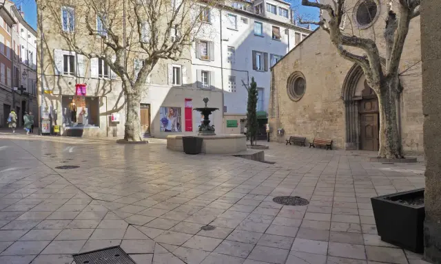 Place de l'église Saint-Sauveur à Manosque, avec sa fontaine et ses platanes dénudés.
