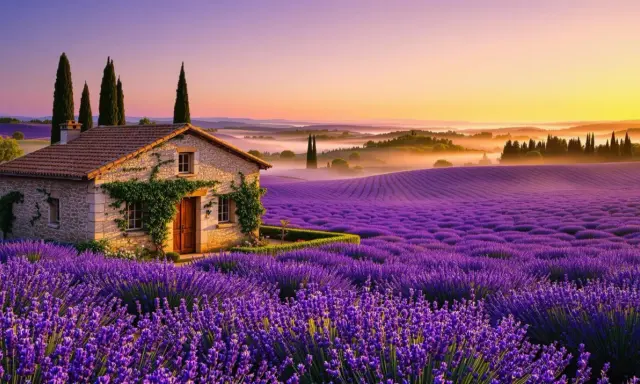Maison de pierre au milieu d'un champ de floraison lavande, au coucher du soleil. Paysage de Provence.