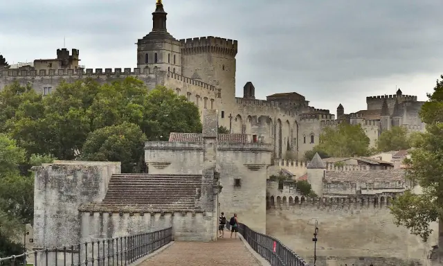 Le Palais des Papes, un incontournable pour tout guide Avignon, se dresse majestueusement. Des touristes explorent ce site historique.