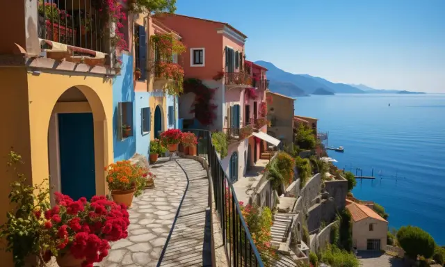Un chemin pavé serpente entre des maisons colorées fleuries, dominant la mer bleue. Un aperçu des plus beaux villages autour de Cassis.