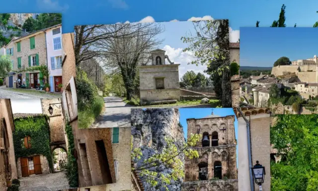 Collage de vues pittoresques de Mirabeau, ville provençale avec ses ruelles, son clocher et ses maisons de pierre.